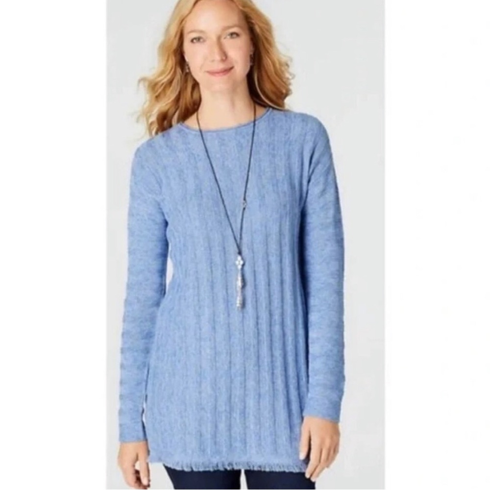 J Jill Fringe Knit Button‎ Back Marled Tunic Sweater Blue Medium